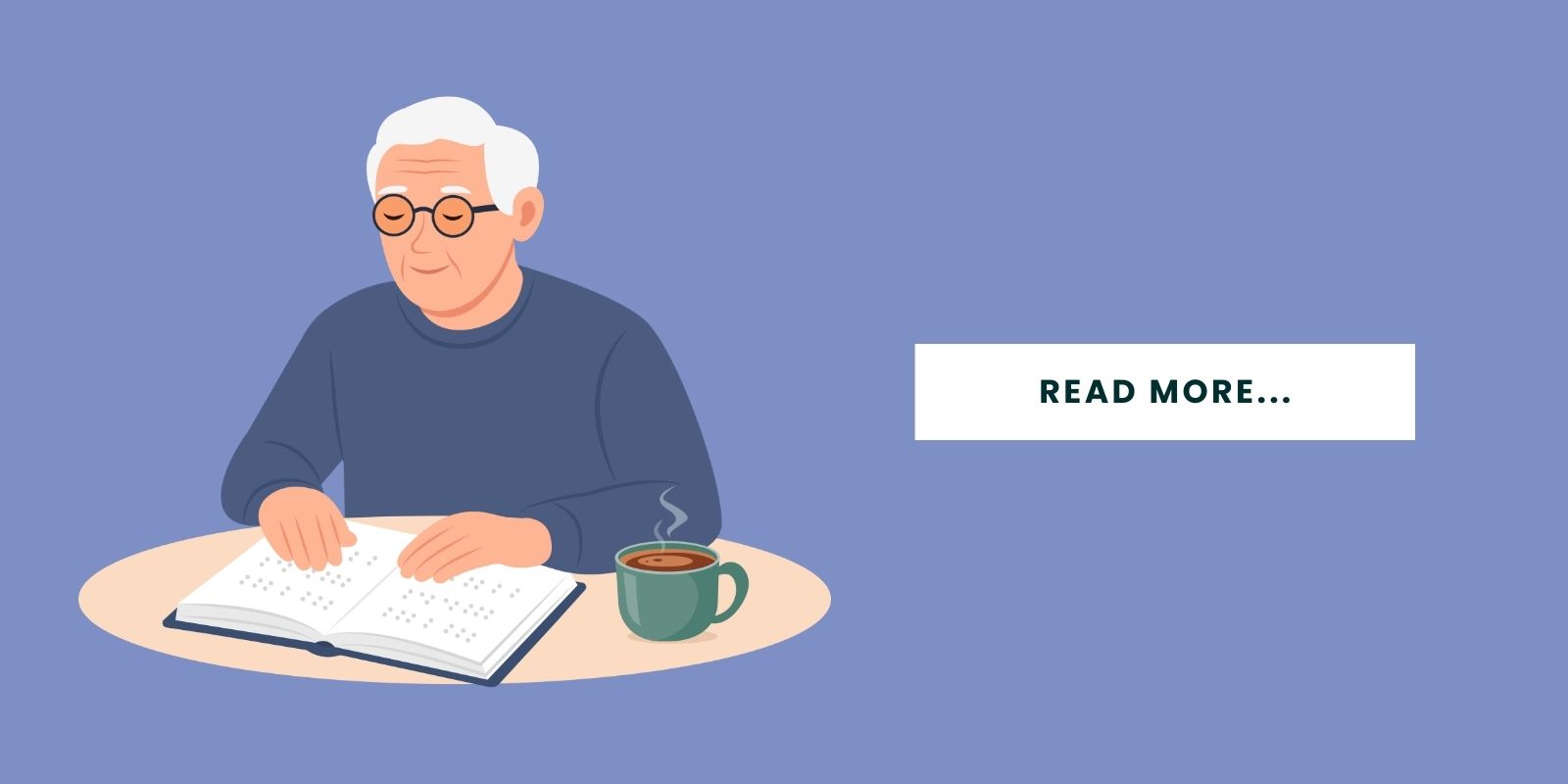An illustration of a senior reading a book with a button that says, "Read More..."