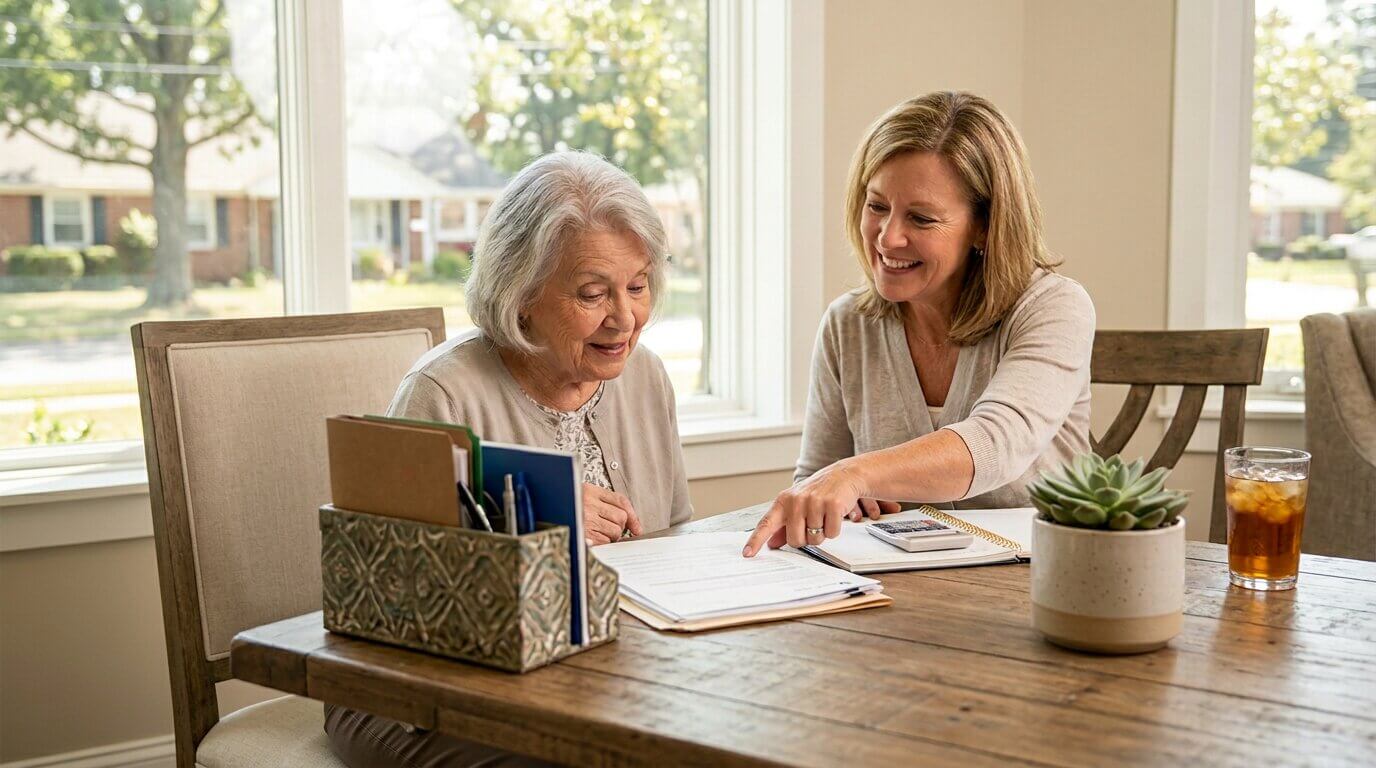 A senior getting help from a family member to reviews finances and planning move to assisted living.