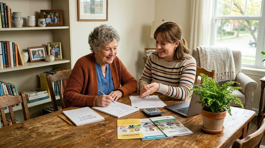 A senior doing their budgeting for assisted living with a family member