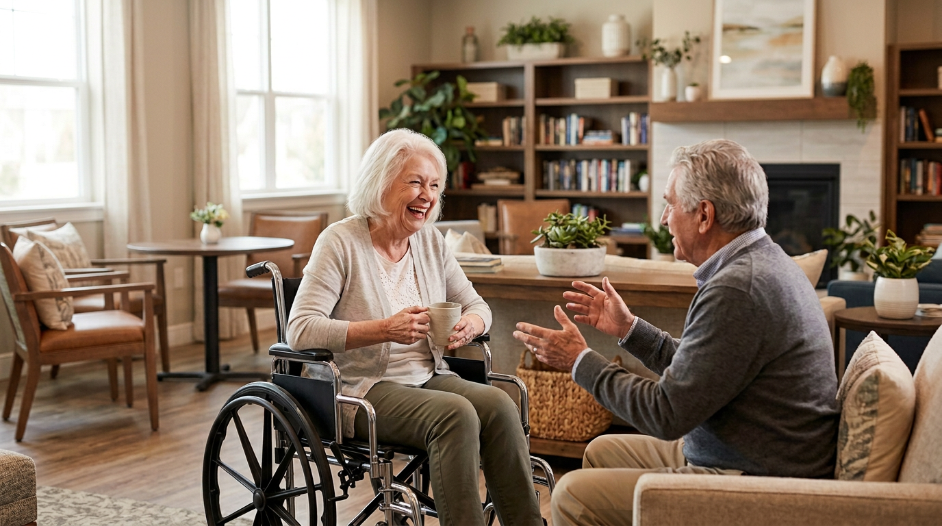 A senior enjoying a chat with a friend in assisted living after a hip fracture.