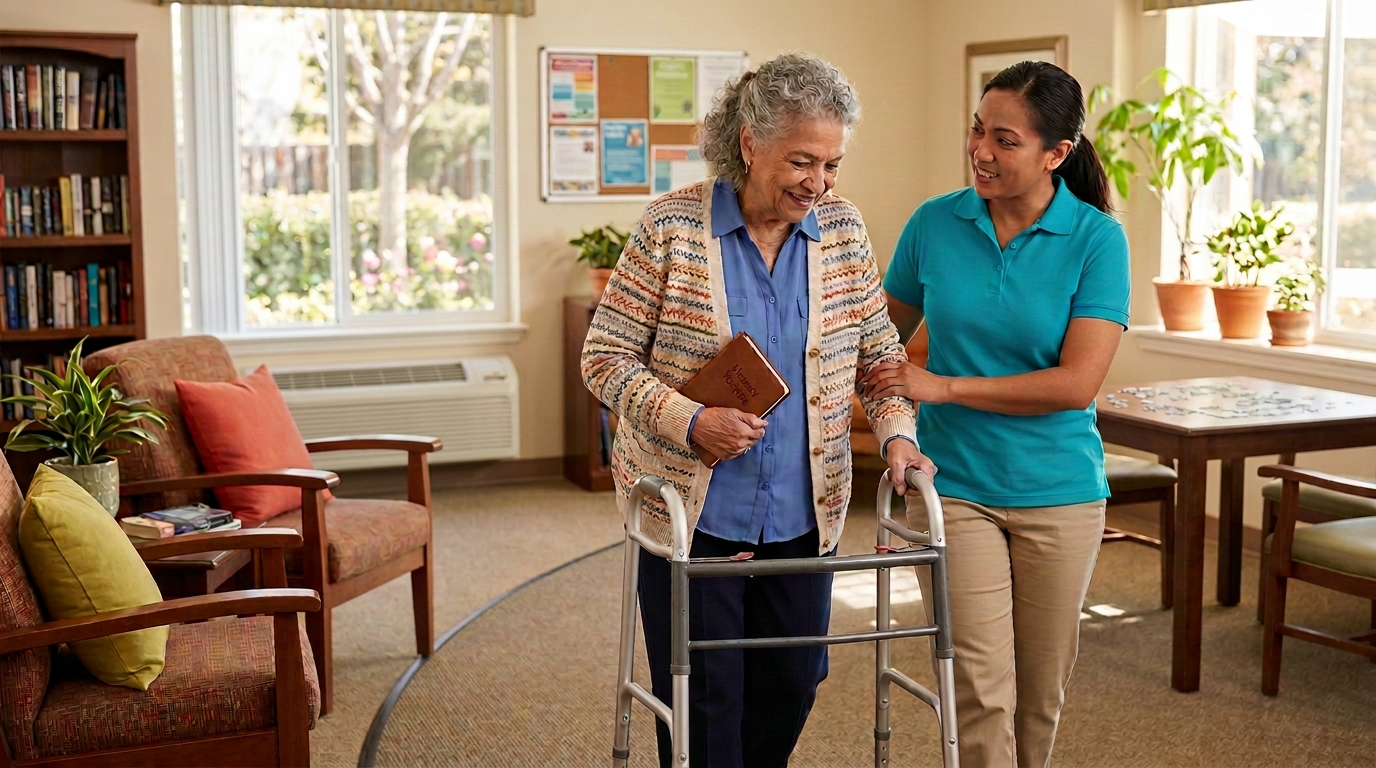 A caregiver helping a senior with a walker.